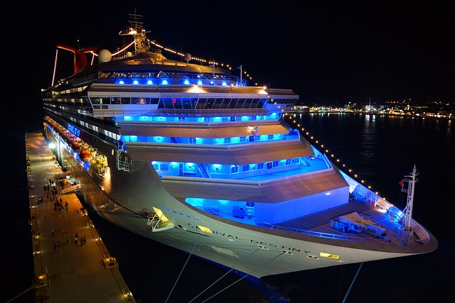 cruise ship, night, neon light, cruise, port, travel, lake, nature, water, holiday cruise, caribbean